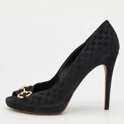 Gucci Black Microguccissima Suede Horsebit Peep Toe Pumps Size 39