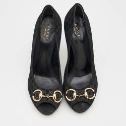 Gucci Black Microguccissima Suede Horsebit Peep Toe Pumps Size 39