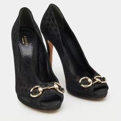 Gucci Black Microguccissima Suede Horsebit Peep Toe Pumps Size 39