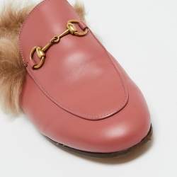 Pre Owned Gucci Pink Leather Horsebit Princetown Horsebit Flat Mules Size 37
