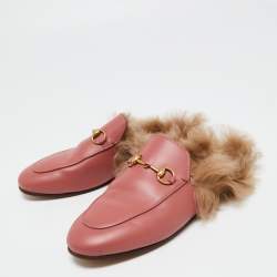 Pre Owned Gucci Pink Leather Horsebit Princetown Horsebit Flat Mules Size 37