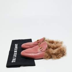 Pre Owned Gucci Pink Leather Horsebit Princetown Horsebit Flat Mules Size 37