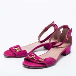 Pre Owned Gucci Pink Suede Horsebit Accent Ankle Strap Sandals Size 37.5