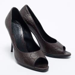 Pre Owned Gucci Dark Brown Guccissima Leather Peep Toe Pumps Size 40