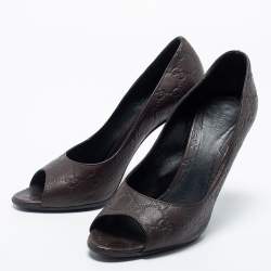 Pre Owned Gucci Dark Brown Guccissima Leather Peep Toe Pumps Size 40