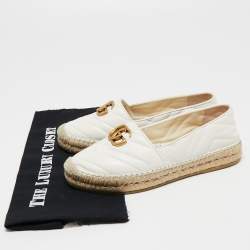 Pre Owned Gucci White Matelassé Leather GG Marmont Flat Espadrilles Size 37.5