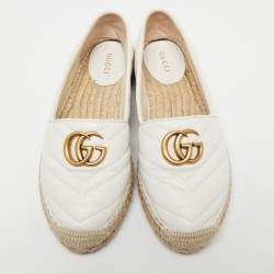 Pre Owned Gucci White Matelassé Leather GG Marmont Flat Espadrilles Size 37.5