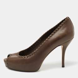 Pre Owned Gucci Brown Leather Whipstitch Peep Toe Platform Pumps Size 38