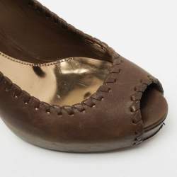 Pre Owned Gucci Brown Leather Whipstitch Peep Toe Platform Pumps Size 38