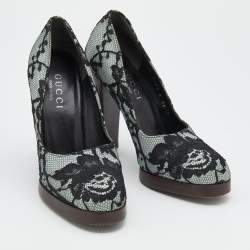 Gucci Black/Grey Floral Lace And Satin Block Heel Pumps Size 36