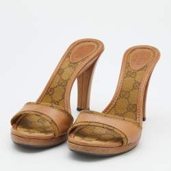 Gucci Beige/Brown GG Canvas And Leather Slide Sandals Size 36