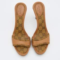 Gucci Beige/Brown GG Canvas And Leather Slide Sandals Size 36