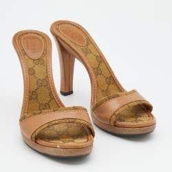 Gucci Beige/Brown GG Canvas And Leather Slide Sandals Size 36