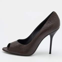 Pre Owned Gucci Dark Brown Guccissima Leather Open Toe Pumps Size 40.5