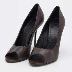 Pre Owned Gucci Dark Brown Guccissima Leather Open Toe Pumps Size 40.5
