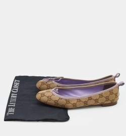 Pre Owned Gucci Beige/Purple GG Canvas Bow Detail Ballet Flats Size 36