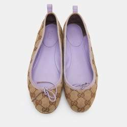 Pre Owned Gucci Beige/Purple GG Canvas Bow Detail Ballet Flats Size 36