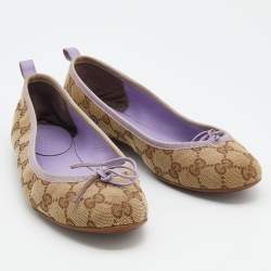 Pre Owned Gucci Beige/Purple GG Canvas Bow Detail Ballet Flats Size 36