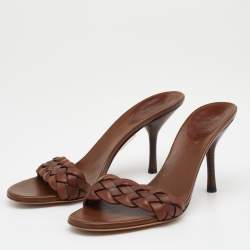 Gucci Brown Woven Leather Slide Sandals Size 36.5