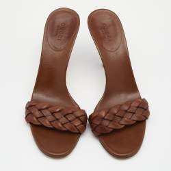Gucci Brown Woven Leather Slide Sandals Size 36.5