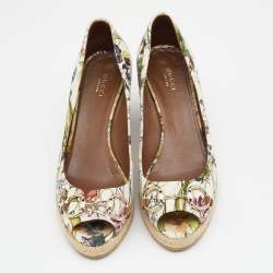 Pre Owned Gucci Multicolor Floral Print Canvas Horsebit Peep Toe Wedge Pumps Size 39.5