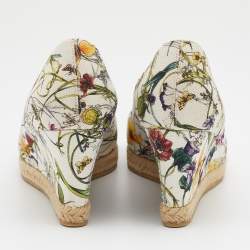 Pre Owned Gucci Multicolor Floral Print Canvas Horsebit Peep Toe Wedge Pumps Size 39.5