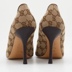 مملوكة مسبقًا Gucci Beige/Brown GG Canvas And Leather Web Bow Peep Toe Pumps Size 38