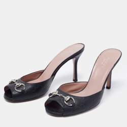 Gucci Black Guccissima Leather Horsebit  Peep-Toe Slides Size 37