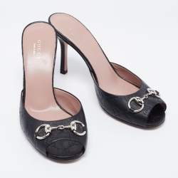 Gucci Black Guccissima Leather Horsebit  Peep-Toe Slides Size 37