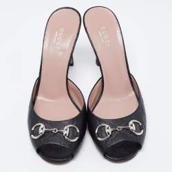 Gucci Black Guccissima Leather Horsebit  Peep-Toe Slides Size 37