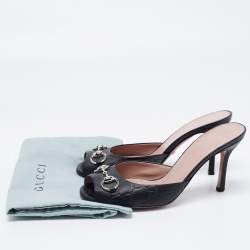 Gucci Black Guccissima Leather Horsebit  Peep-Toe Slides Size 37