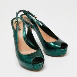 Gucci Metallic Green Snakeskin Embossed Leather Sofia Platform Slingback Sandals Size 36.5
