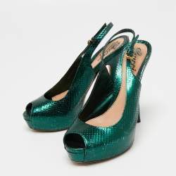 Gucci Metallic Green Snakeskin Embossed Leather Sofia Platform Slingback Sandals Size 36.5