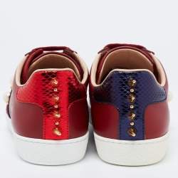 Pre Owned Gucci Red Leather Web And Pearl New Ace Low-Top Sneakers Size 36