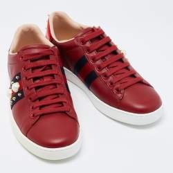 Pre Owned Gucci Red Leather Web And Pearl New Ace Low-Top Sneakers Size 36