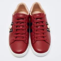 Pre Owned Gucci Red Leather Web And Pearl New Ace Low-Top Sneakers Size 36