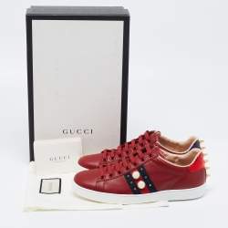 Pre Owned Gucci Red Leather Web And Pearl New Ace Low-Top Sneakers Size 36