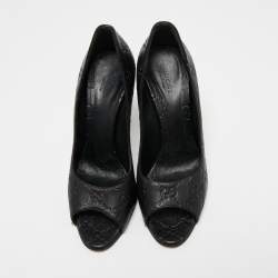 Pre Owned Gucci Black Guccissima Leather GG Open Toe Pumps Size 37