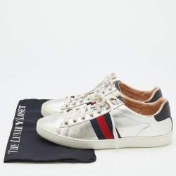 Gucci Silver Leather Ace Web Low Top Sneakers Size 39