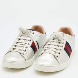 Gucci Silver Leather Ace Web Low Top Sneakers Size 39