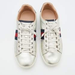 Gucci Silver Leather Ace Web Low Top Sneakers Size 39