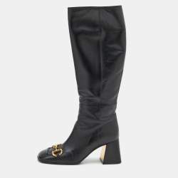 Pre Owned Gucci Black Leather Horsebit Block Heel Knee Length Boots Size 38.5