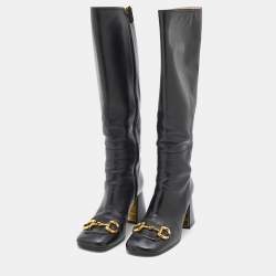Pre Owned Gucci Black Leather Horsebit Block Heel Knee Length Boots Size 38.5