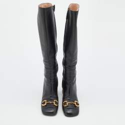 Pre Owned Gucci Black Leather Horsebit Block Heel Knee Length Boots Size 38.5