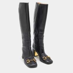 Pre Owned Gucci Black Leather Horsebit Block Heel Knee Length Boots Size 38.5