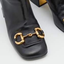 Pre Owned Gucci Black Leather Horsebit Block Heel Knee Length Boots Size 38.5