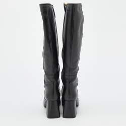 Pre Owned Gucci Black Leather Horsebit Block Heel Knee Length Boots Size 38.5
