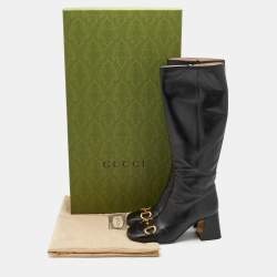 Pre Owned Gucci Black Leather Horsebit Block Heel Knee Length Boots Size 38.5
