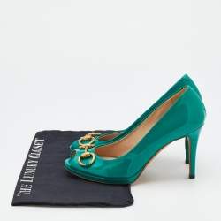 Pre Owned Gucci Sea Green Patent Leather Jolene Horsebit Peep Toe Pumps Size 36.5