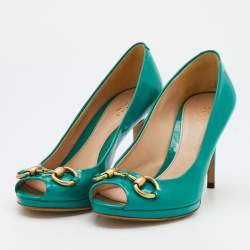 Pre Owned Gucci Sea Green Patent Leather Jolene Horsebit Peep Toe Pumps Size 36.5
